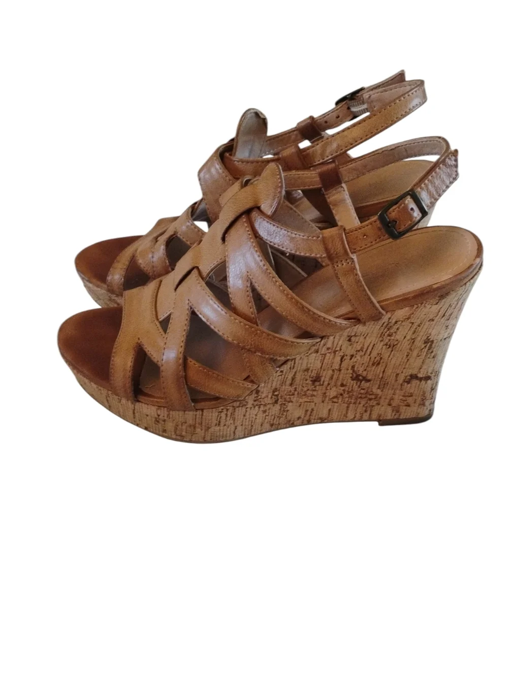 X Appeal Light Brown Strappy Wedge Sandals SZ 8.5